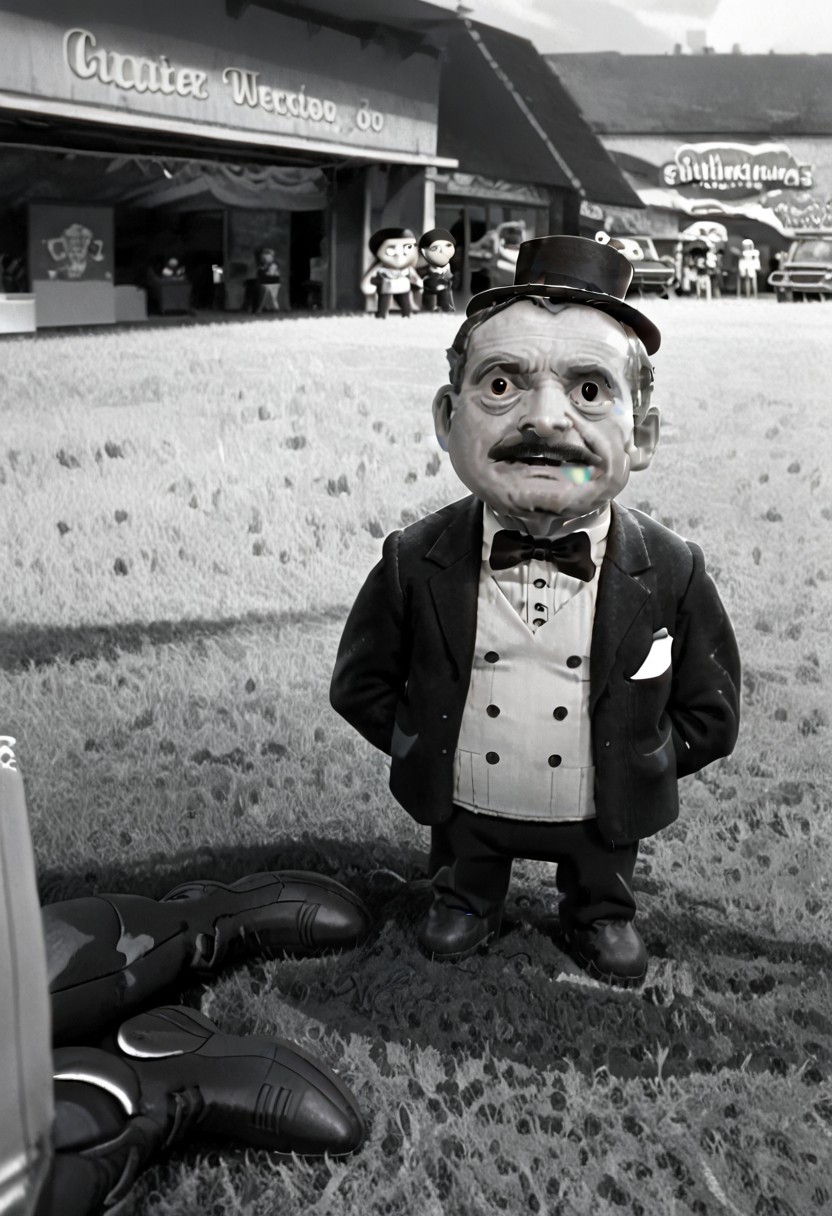 (((black and white, monochrome, greyscale))),((GRASS,OUTDOORS,BOOTS,BLACK FOOTWEAR,PANTS,LOOKING UP,LOOKING FROM BELOW, small man with mustache, top hat, kenbis, chibi, chibi, male only, male, male chibi, monocle, art deco, thick mustache, comically large mustache, handlebar mustache, tiny, shrunk, microxl, some little guys)), bwMovies, realistic, photo, vintage photo, ((very small man, small man, a small man, a man who is small, a small man)) suit, cane, an unapologetically small human male, black and white, smiling, very happy, euphoric, ecstatic, wonderful small men, large smile, huge smile, muscular, muscles, indoors, cinema, movie theater, detailed background