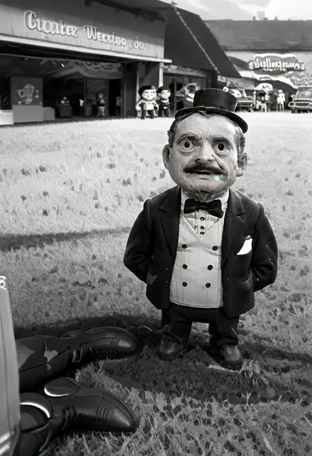 (((black and white, monochrome, greyscale))),((GRASS,OUTDOORS,BOOTS,BLACK FOOTWEAR,PANTS,LOOKING UP,LOOKING FROM BELOW, small man with mustache, top hat, kenbis, chibi, chibi, male only, male, male chibi, monocle, art deco, thick mustache, comically large mustache, handlebar mustache, tiny, shrunk, microxl, some little guys)), bwMovies, realistic, photo, vintage photo, ((very small man, small man, a small man, a man who is small, a small man)) suit, cane, an unapologetically small human male, black and white, smiling, very happy, euphoric, ecstatic, wonderful small men, large smile, huge smile, muscular, muscles, indoors, cinema, movie theater, detailed background