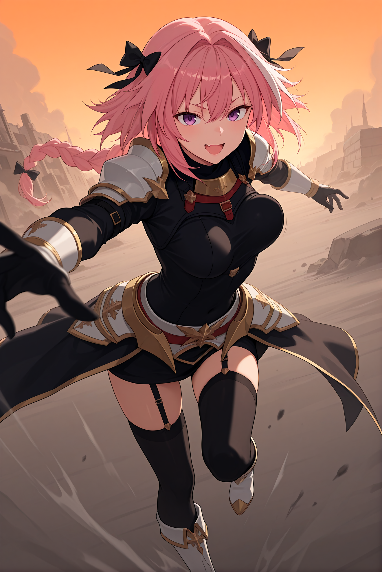 beautiful detailed eyes, masterpiece, best quality, intricate details, absurdres, 1girl, solo,
<lora:P-IL-Astolfo:1>, 4st0lf0, pink hair, multicolored hair, long hair, braid, single braid, purple eyes, black bow, fang,
armor, black_thighhighs, thighhighs, garter_straps, boots,
small breasts, open mouth, joy, happy, looking_at_viewer,
standing,
((breasts in motion)), dynamic pose, intense movement, action shot, motion blur, (bouncy:1.3), (bouncing breasts:1.2), tight outfit, dramatic perspective, close-up,
battlefield, orange sky, dust, fog, wind, rocks,
