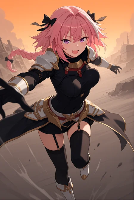 beautiful detailed eyes, masterpiece, best quality, intricate details, absurdres, 1girl, solo,
<lora:P-IL-Astolfo:1>, 4st0lf0, pink hair, multicolored hair, long hair, braid, single braid, purple eyes, black bow, fang,
armor, black_thighhighs, thighhighs, garter_straps, boots,
small breasts, open mouth, joy, happy, looking_at_viewer,
standing,
((breasts in motion)), dynamic pose, intense movement, action shot, motion blur, (bouncy:1.3), (bouncing breasts:1.2), tight outfit, dramatic perspective, close-up,
battlefield, orange sky, dust, fog, wind, rocks,