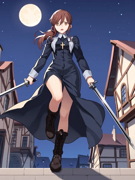 score_9, score_8_up, score_7_up, source_anime, BREAK
detailed face, detailed eyes, <lora:Tsukihime_Noel_Aizome_Pony_v1:0.95>, 1girl, (night, starless sky, full moon, town, rooftop:1.5),noel_nun, nun, habit:1.5), long black dress, long sleeves, high heel boots, cross-laced boots, cross necklace, hair between eyes, (holding weapon, holding swords:1.5), bare legs, brown hair, swept bangs, hair between eyes, (overlooking town:1.5), low ponytail, hair scrunchie, purple scrunchie, from below, pov, closeup, from below, (looking down at viewer:1.3), (eye shine:1.5), (serious:1.3), high heels, (wide hips, long legs:1.2),
