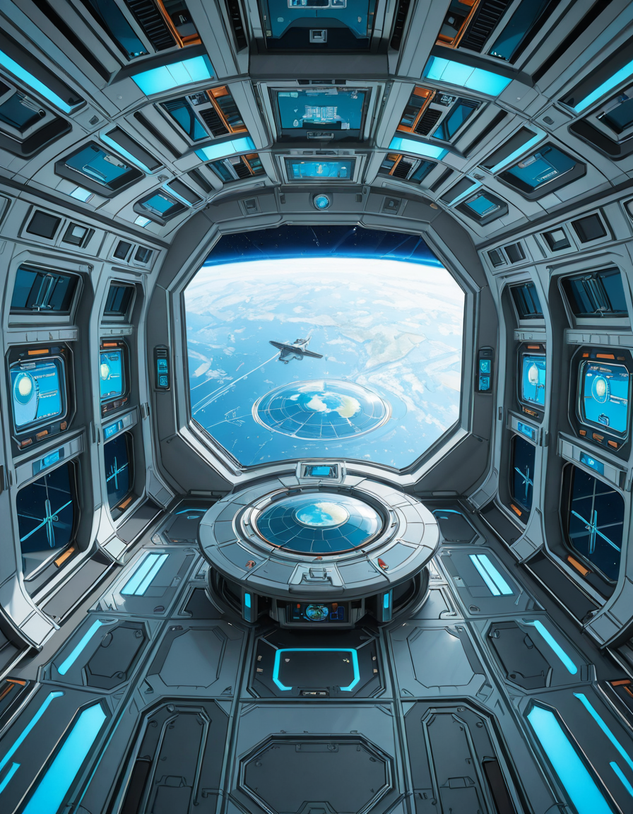 The interior of a massive orbital space station, high above a blue and green Earth-like planet. The setting is a panoramic observation deck with towering reinforced windows that curve around the structure, offering a breathtaking view of the planet below and the star-filled void beyond. The stationâs architecture is sleek and functional, blending advanced human technology with subtle design flourishes â brushed metal walls, glowing interface panels, and clean geometric lines.
Soft white lighting lines the floor and ceiling panels, while ambient blue lights provide a calming atmosphere. Transparent digital displays float in the air, projecting live telemetry, spacecraft traffic, and real-time planetary data in holographic form. In the center of the room, a circular command table displays a rotating 3D projection of the planet and orbital routes.
In the background, the low hum of life support systems and distant radio chatter add to the immersive realism. Cables and utility panels are subtly integrated into the environment, and security doors lead to other compartments of the station. The entire space feels controlled, precise, and filled with purpose â a hub of advanced civilization silently orbiting in the cold beauty of space.<lora:SDXLFaeTastic2400:0.4> <lora:extremely_detailed:0.4> extremely detailed,space station c0ntr0l c3nt3r, <lora:space_station_c0ntr0l_c3nt3r-i:1>, Masterpiece,best quality,hi res,8k,hi res,8k,award winning,(sharp focus, intricate, highly detailed),