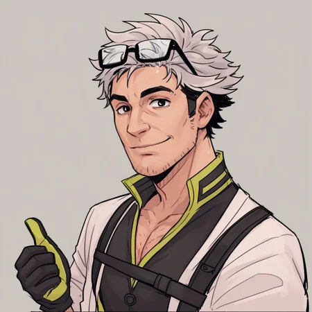 Score_7_up, score_8_up, upper body, 
BREAK,
mature male, ProfWillow, two-tone hair, glasses on head, gloves, labcoat, athletic clothing, looking at viewer, (thumbs up), simple background,