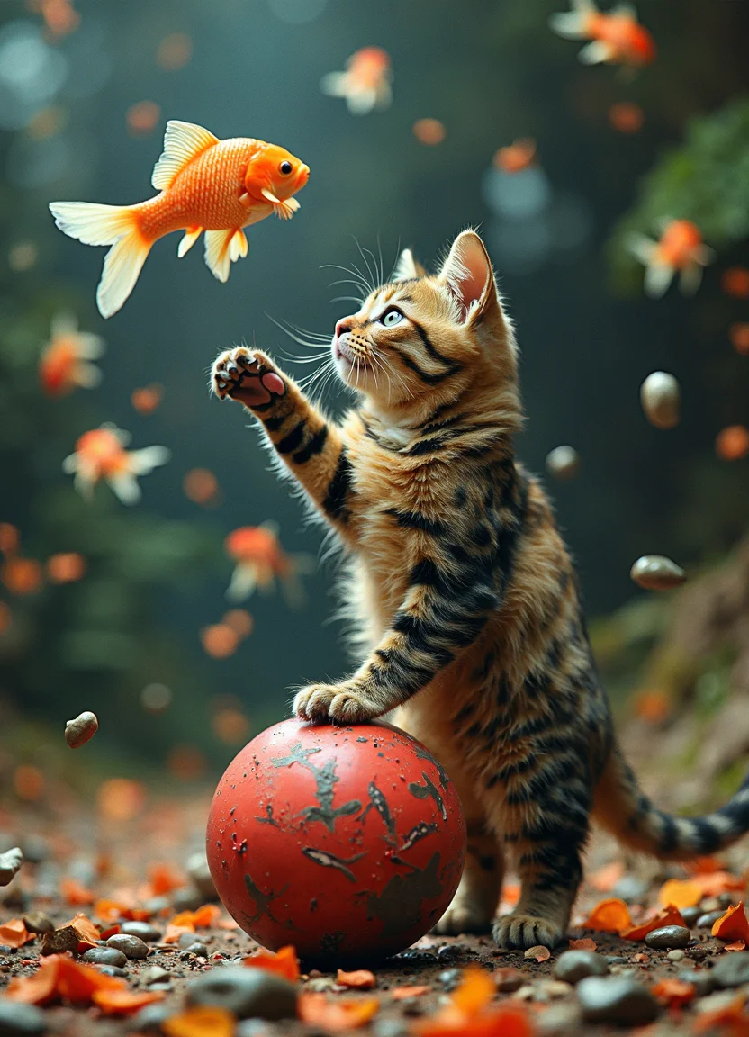 hyper-realistic cat on a ball juggling fish