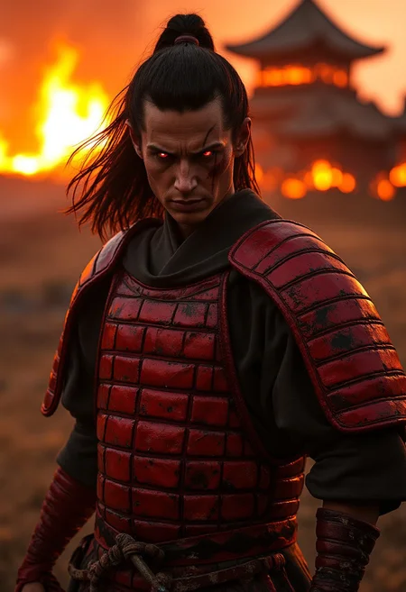 A young male samurai in a defensive stance, holding a katana in one hand and staring straight ahead with intense red eyes that glow. His long hair flows behind him, and his face is marked with scars and blood. He wears worn, red samurai armor that looks old and battered, and his expression shows exhaustion. In the background, a Japanese castle burns in flames, illuminating the scene with a dramatic light.
