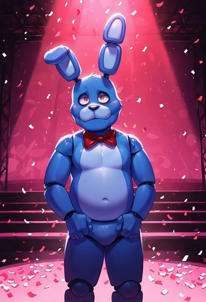 masterpiece, best quality, amazing quality, very aesthetic, absurdres, newest, detailed background,
bonnie, rabbit ears, red bowtie,, 1boy, joints, animatronic
blue skin, red straps, on stage, confetti