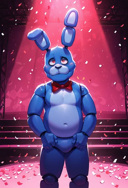 masterpiece, best quality, amazing quality, very aesthetic, absurdres, newest, detailed background,
bonnie, rabbit ears, red bowtie,, 1boy, joints, animatronic
blue skin, red straps, on stage, confetti