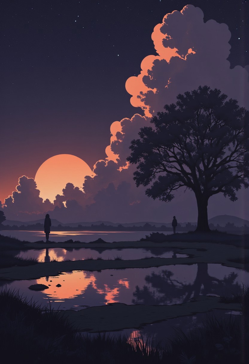 lndscpx, a monochromatic Landscape scenery, starry Sky, high resolution and very detailed moody anime image with a moody sunset behind billowing clouds, nightly sky, a large Neon orange 3d oak tree is growing besides a small Lake, reflections of some otherworldy glitches are visible in the Lake surface, neon-mist