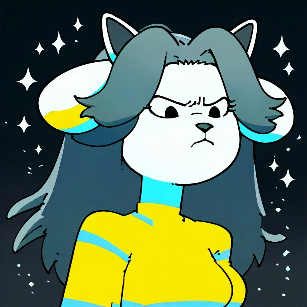 score_9, score_8_up, score_7_up, starry background, extreme close up, face focus, upper body, , masterpiece, beautiful,,Godissapme,solo,extreme close-up,frown, sad and angry expression,, looking down, 1 girl, furry, anthro, temmie_minus8, anthro ,white skin, long hair, parted bangs, gray hair, black eyes, eyelashes, medium breasts, animal ears, animal nose, animal tail,blue and yellow striped shirt,