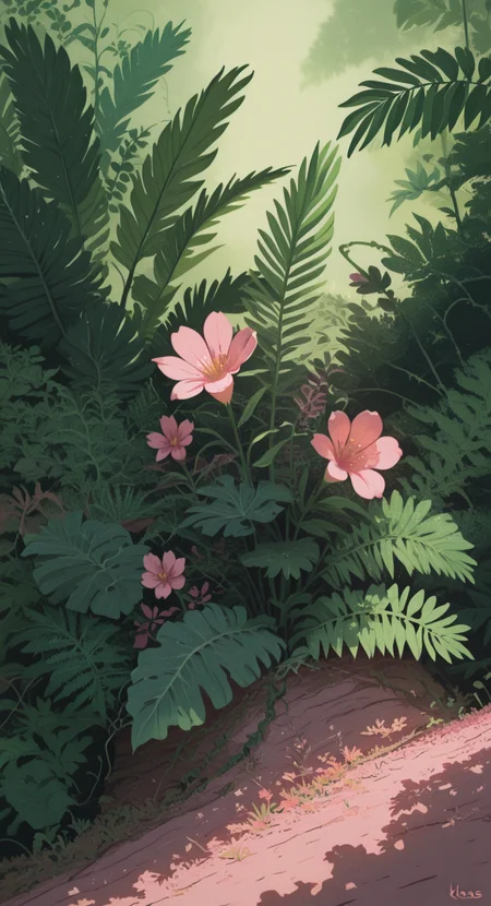 masterpiece, best quality, good quality, newest, highres, absurdres,  flower, outdoors, no humans, leaf, plant, scenery, nature, pink flower, vines, still life, fern, Flatline, Flat vector illustration,
klaus_style, <lora:illustriousXL_stabilizer_v1.23:0.3> <lora:NOOB_vp1_detailer_by_volnovik_v1:0.3> <lora:ponyv6_noobE11_2_adamW-000017:0.3> <lora:mon_monmon2133:0.7> <lora:checkpoint-e18_s306:1.3> <lora:klaus:0.5>