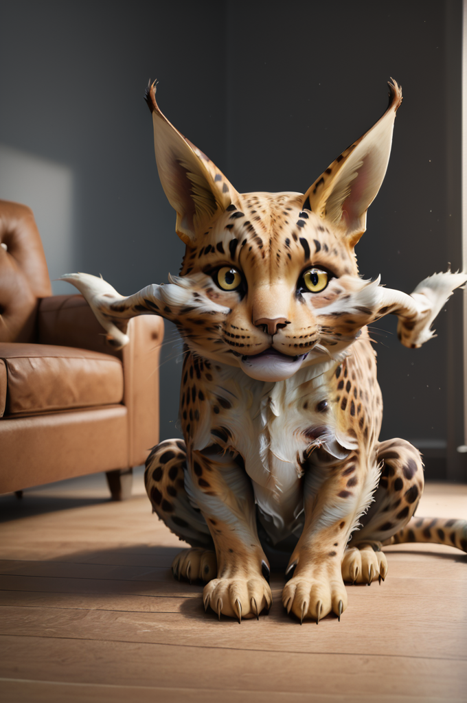 source_furry, score_9, score_8_up, score_7_up, (coeurl_xv, monster, feline, feral, chibi, cute), fur, body fur, yellow fur, black dotted, white hair, animal ears, yellow eyes, detailed eyes, animal nose, whiskers, paws, claws, tail, <lora:FF_CoeurlPony09:0.8>, indoors, living room, sitting, look at viewer, cute eyes, mid range view, zPDXL2, zPDXLpg, zPDXLrl, best quality, highly detailed, extreme details, masterpiece, photorealistic, hyperrealistic, ultra realistic, hdr, 4k, uhd, ray tracing, shaded