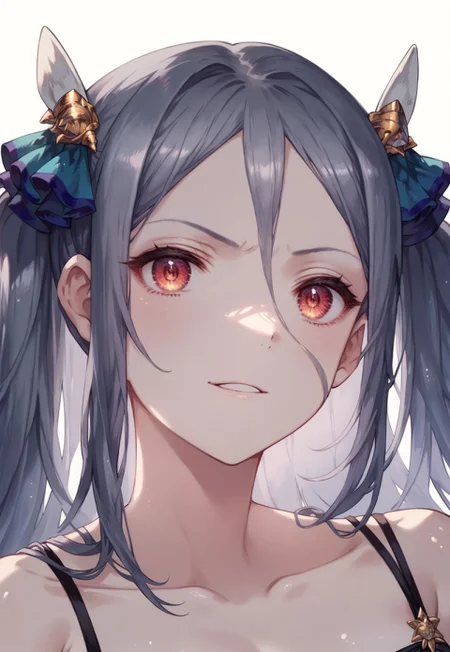 (score_9, score_8_up, score_7_up), extreme detail, 1girl, mature female, 30 years old woman, detail1eye, Morpeahbeach, red eyes, long hair, twintails, hair between eyes, hair ornament, grey hair, black dress, face focus, close-up, looking at viewer, frown, smile, parted lips, beach,