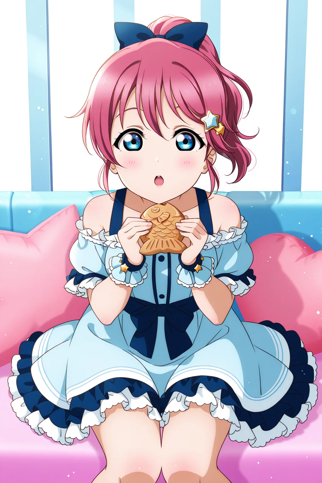 <lora:Love_Live:1>, Love Live, 1girl, blue eyes, pink hair, solo, dress, open mouth, hair ornament, sitting, star \(symbol\), :o, blue dress, blush, frilled dress, ponytail, bare shoulders, food, star hair ornament, holding, pillow, wagashi, frills, looking at viewer, bow, wrist cuffs, jewelry, taiyaki