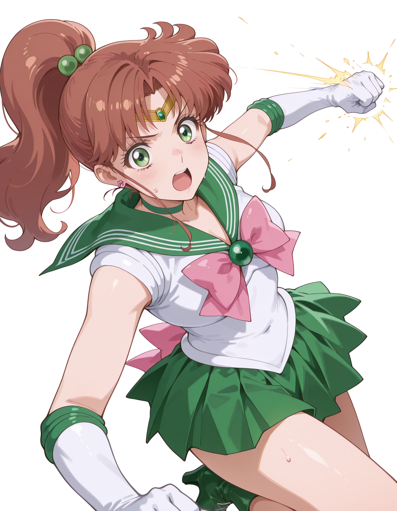 masterpiece,best quality,amazing quality,very aesthetic,high resolution,ultra detailed,perfect details,<lora:my-lora:1>,mai_style,simple background,white background,<lora:Makoto_Kino_ILXL:1>,
1girl,sailor jupiter,medium hair,brown hair,high ponytail,hair ornament,sidelocks,green eyes,flower earrings,circlet,sailor senshi uniform,magical girl,green choker,green sailor collar,pink bow,white gloves,elbow gloves,green skirt,pleated skirt,pink back bow,green footwear,high heel boots,open mouth,
<lora:korean-girl-in-a-gru-scarf-punching-illustriousxl-lora-nochekaiser:0.7>,korean girl in a gru scarf punching,