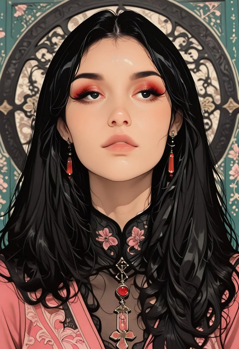 Expressiveh,
(1girl, solo), masterpiece, best quality, good quality, very aesthetic, absurdres, newest, 8K, depth of field, focused subject,
Eva, black eyes, black hair, centre parting, long hair, red qipao, long ornate pendant silver and ruby earrings,
graphic design background (teal-black-pink), halftones, in the style of cksc