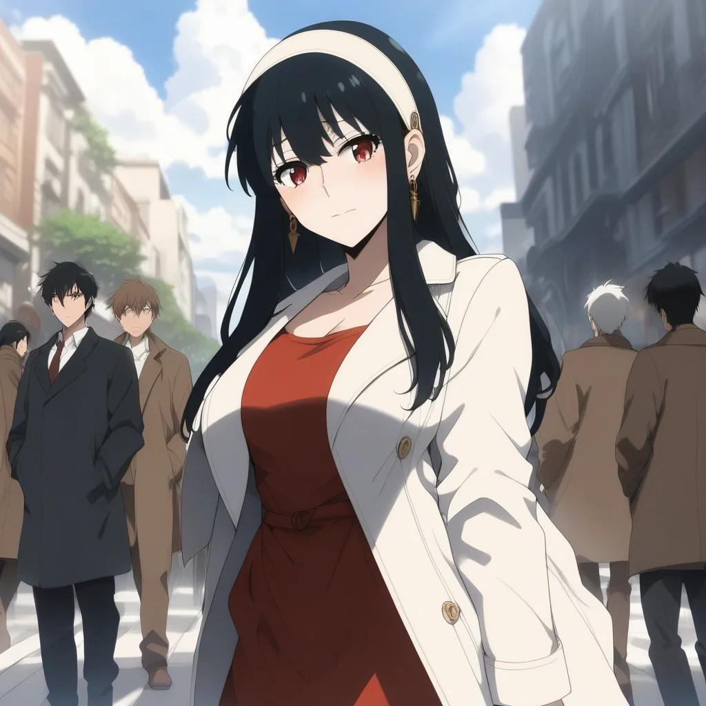 masterpiece, best quality, highres, 4k, 8k, intricate detail, cinematic lighting, amazing quality, amazing shading, soft lighting, Detailed Illustration, anime style, yorbriar, yor briar, black hair, red eyes, earrings, white hairband, hairband, long hair, sidelocks, coat, trench coat, outdoors, cityscape, crowd, people, sky, blue sky, clouds, looking at viewer, full body, dynamic pose,