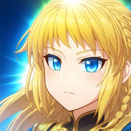 mana_sk style, portrait, focus on face, a valiant paladin girl with golden blonde hair styled into a braid and radiant blue eyes, wearing a shining silver helm with a glowing sun emblem, a steadfast expression of courage, a faint halo of light surrounding her face, Japanese RPG style, noble and divine atmosphere, intricate details on her helm and the glowing emblem