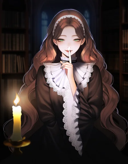 masterpiece, high quality, very awa, highres, absurdres, 1girl, wavy hair, parted bangs, green eyes,very long hair, brown hair,seductive smile, shushing, facing viewer, library, indoors, bookshelf, gothic fashion, hairband, frills, lace trim, white skin, dark, candlelight, <lora:Semirealism_NOOBAI_VPRED:0.95>, masterpiece, high quality, highres, absurdres,