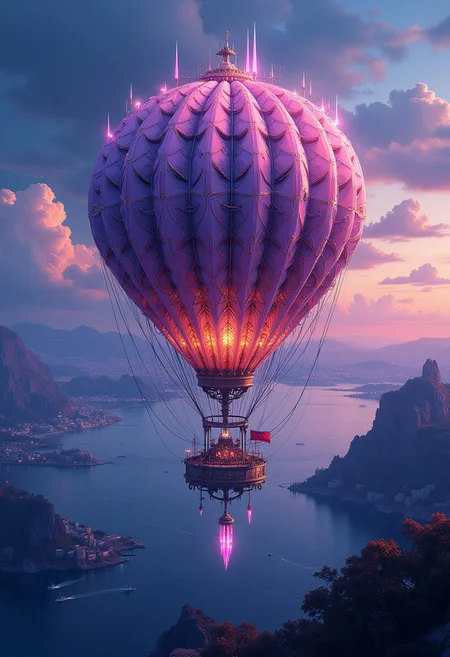 A beautiful and sleek crystalpunk hot-air balloon floating in the sky over the open ocean, twilight,with a large city on the coast in the distance behind the airship, velvet_myst, A digital artwork in the style of cknc,