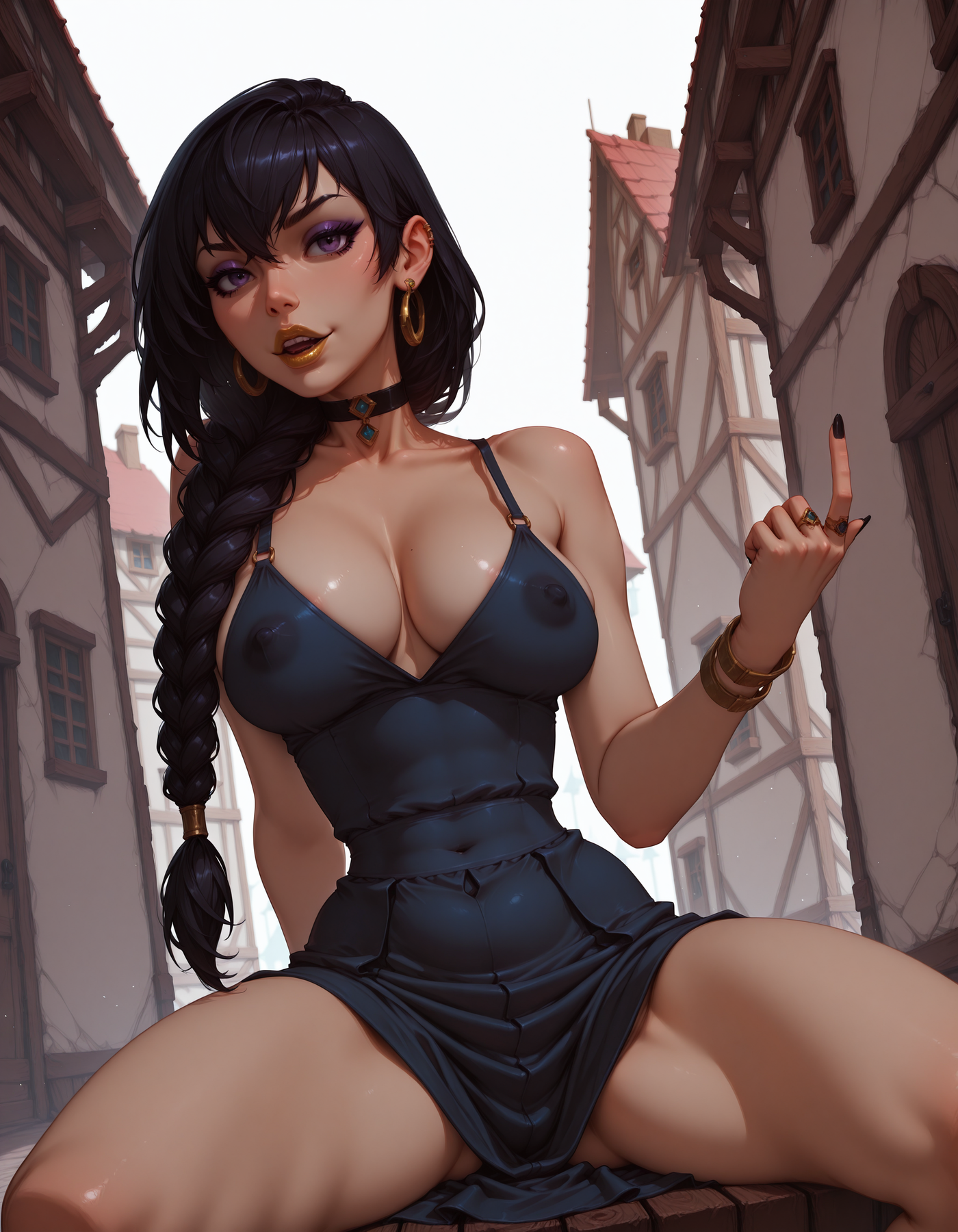 masterpiece, best quality, amazing quality, very aesthetic, high resolution, high definition, ultra-detailed, absurdres, newest, scenery, ExpresHGothicNeonIncase, 1boy, solo, male, lys-auberon,
BREAK,
covered nipples,
BREAK, blue sundress, black choker, gold choker, bracelet, gold bracelet, jewelery, earings, black eyeliner, purple eyeshadow, lipstick, gold lips, nail polish, black nails, long fingernails, (flirtatious seductive alluring:1.3), expression face of a girl, sideways glance, teeth, upper teeth only, looking at viewer, aroused BREAK, beckoning, dynamic pose, spread legs, dutch angle, dynamic lighting, (realistic:1.3), (lineless:1.3), face, BREAK, house, blurry background, depth of field