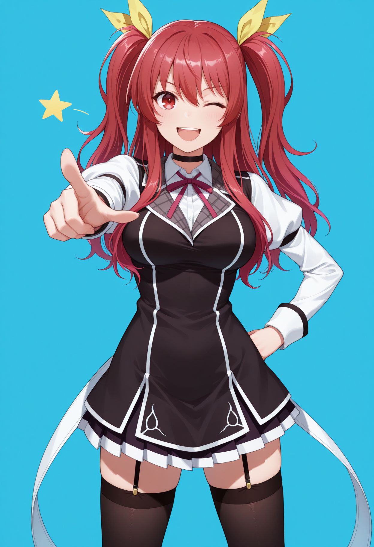 masterpiece,best quality,absurdres,highres,very aesthetic,high quality,detailed,insanely detailed,beautiful,perfect lighting, looking at viewer, looking at viewer, smile,
hand on hips, pointing at viewer, smile, open mouth, light blue background, star symbol, one eye closed, very awa
 <lora:Stella Vermillion illu:1> 1girl, long hair, hair ribbon, red hair, red eyes, twintails, two side up, school uniform, yellow ribbon, choker, garter straps, zettai ryouiki, black thighhighs