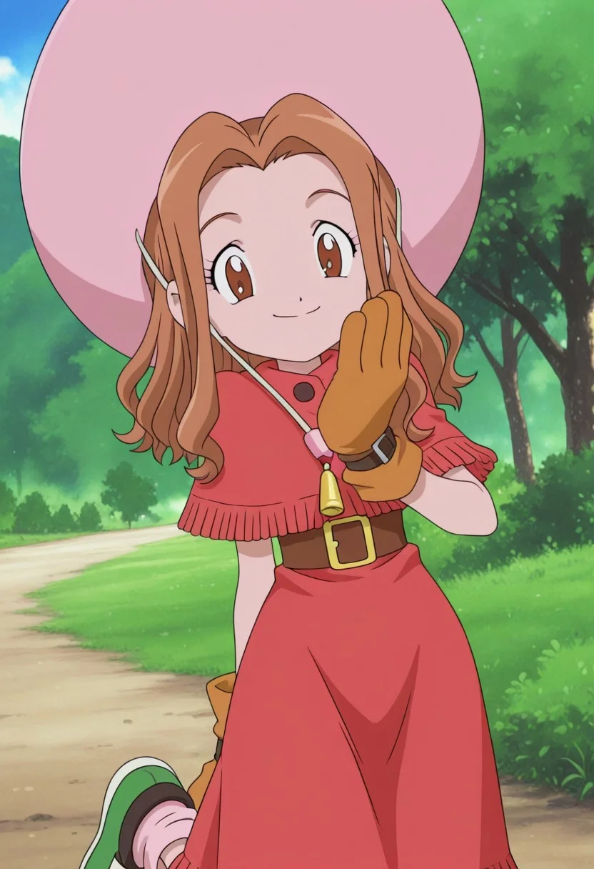 mimi tachikawa, digimon adventure, wavy hair, light brown hair, brown eyes, pink hat, western-style red dress with a buttoned poncho, brown gloves, pink socks, shoes,
1girl, outside, cowboy shot
smiling, looking at viewer, posing