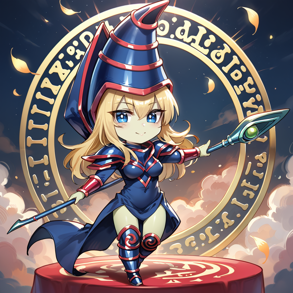 (score_9:0.9),score_8_up,score_7_up,rating_safe,(zPDXL),(zPDXL3),<lora:Dark Magician ponyXL v1.2:0.72>,dark magician,blue wizard hat,blue eyes,staff,smile,blonde hair,blue wizard clothes,1girl,medium breasts,blue thigh boots,red vambraces,genderswap \(mtf\),holding staff,chibi,magic circle,green skin,