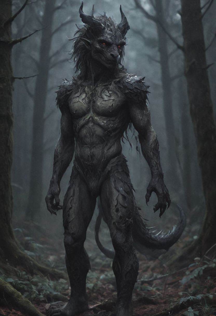 anime artwork human dragon hybrid, human head, dragon scale skin, dragon eyes, male focus, full body, standing, grimdark, creepy tale:1.15, dark forest background, rim lighting, style of Anato Finnstark, by alena aenami, <lora:RM_Niji_v1.0_bf16:0.8> . anime style, key visual, vibrant, studio anime,  highly detailed