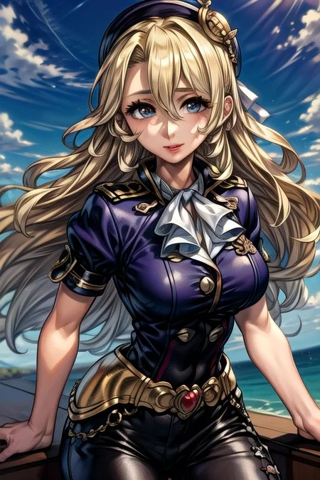 masterpiece, Lily Kokoschka , best quality, best quality, ultra-detailed, highres,sharp focus,(ultra detailed,extremely detailed), 1girl,(masterpiece, best quality), LilyKOKOSCHKA, 1girl, solo, long hair, blonde hair, hair between eyes, uniform, ascot, wavy hair, eyes visible through hair, white ascot, riding pants, hungry clicker,