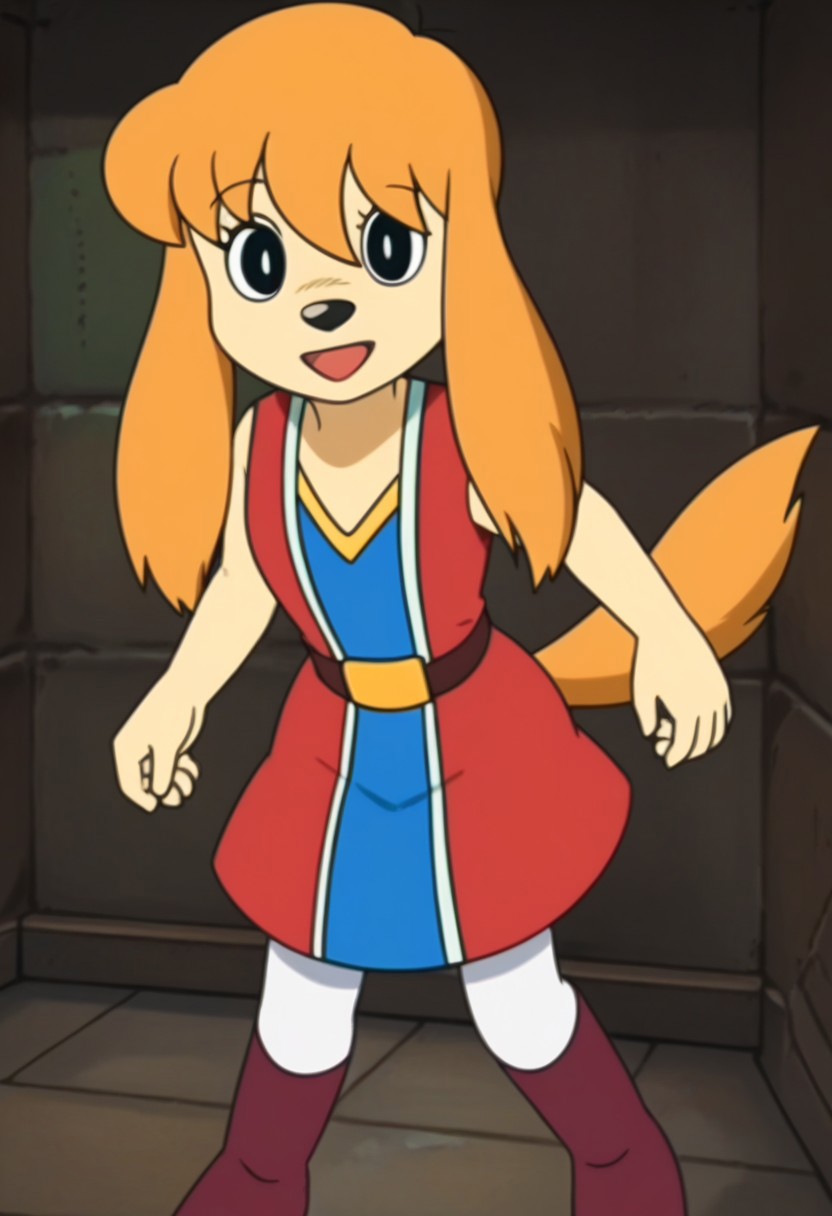 furry, 1girl, furry female, body fur, solo, dog, dog girl, looking at viewer, orange hair, long hair, bangs, black eyes, animal ears, dog ears, animal nose, sleeveless, dress, belt, tail, dog tail, boots, full body, open mouth, smile, high quality