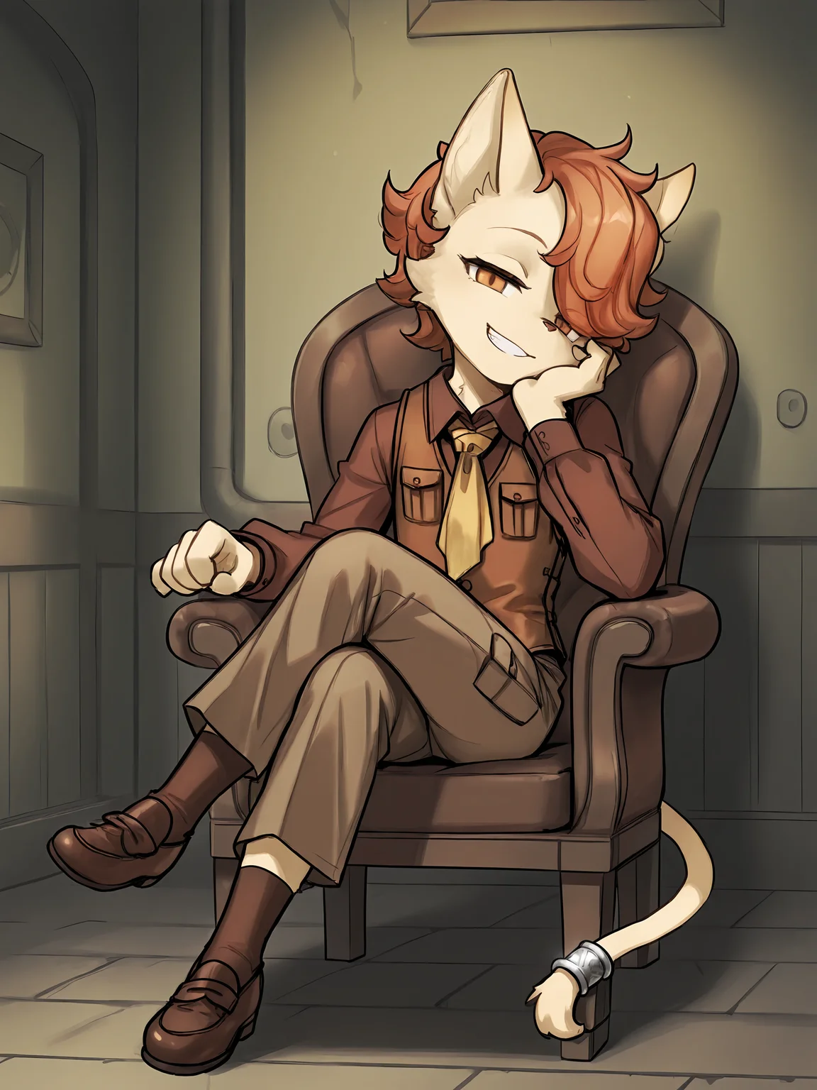 BREAK, <lora:Kyle_Bavarois_V1_Illustrious:1>, kyle bavarois, fuga: melodies of steel, kemono, furry male, cat boy, young male, 1boy, cream fur, short hair, orange hair, hair over one eye, orange eyes, animal ears, cat ears, cat tail, tail ring,
BREAK, Fuga 2 outfit, brown shoes, brown socks, brown pants, brown button-up shirt, long sleeves, brown vest, yellow necktie,
BREAK, (solo), inside, full body, sitting on chair, legs crossed, looking at viewer, grin, teasing, playful, head tilt, head on hand, narrowed eyes,