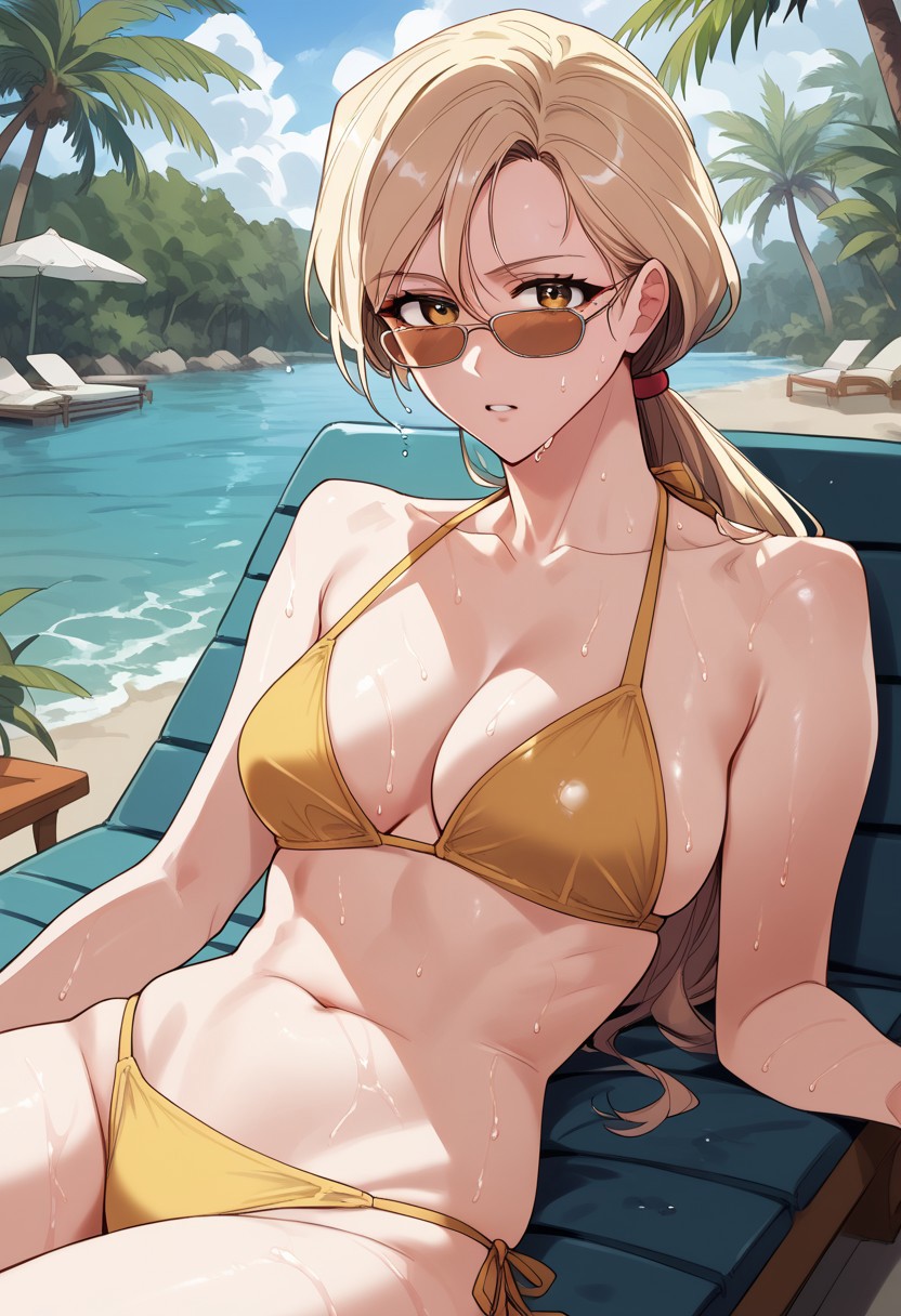 safe_pos, zPDXL3, score_9_up, score_8_up, score_7_up, (Anime_source), 1girl, LeeHaemi, amber eyes, light blonde hair, long hair, low ponytail, hair over shoulder, wet, cowboy shot, looking at viewer, parted lips, light blush, water, palm trees, (bikini, lying on chaise lounge), yellow theme, sunglasses