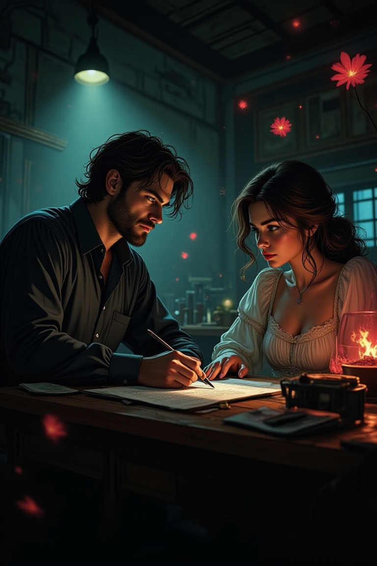 illustration, cartoon, anime, manga, drawing, ainting of A handsome and strong male sitting at desk, laboratory and next to him a brunette girl, in a beautiful dress, poison flowers, flashes of magic, magical whirlwinds, cinematic lighting by Konstantin Razumov, Luis royo, Vittorio Matteo Corcos, Tim Burton, Artgerm, hyperdetailed.