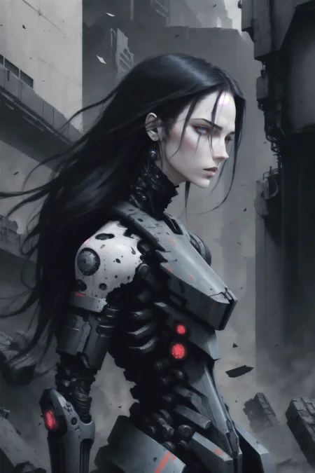 dark colors, best quality,realistic,detailed, sanakan (safeguard), hair, cyborg, portrait, detailed face, pale skin, mega structures, giant buildings ,decrepit scenery, debris, <lora:blamev2:0.7>