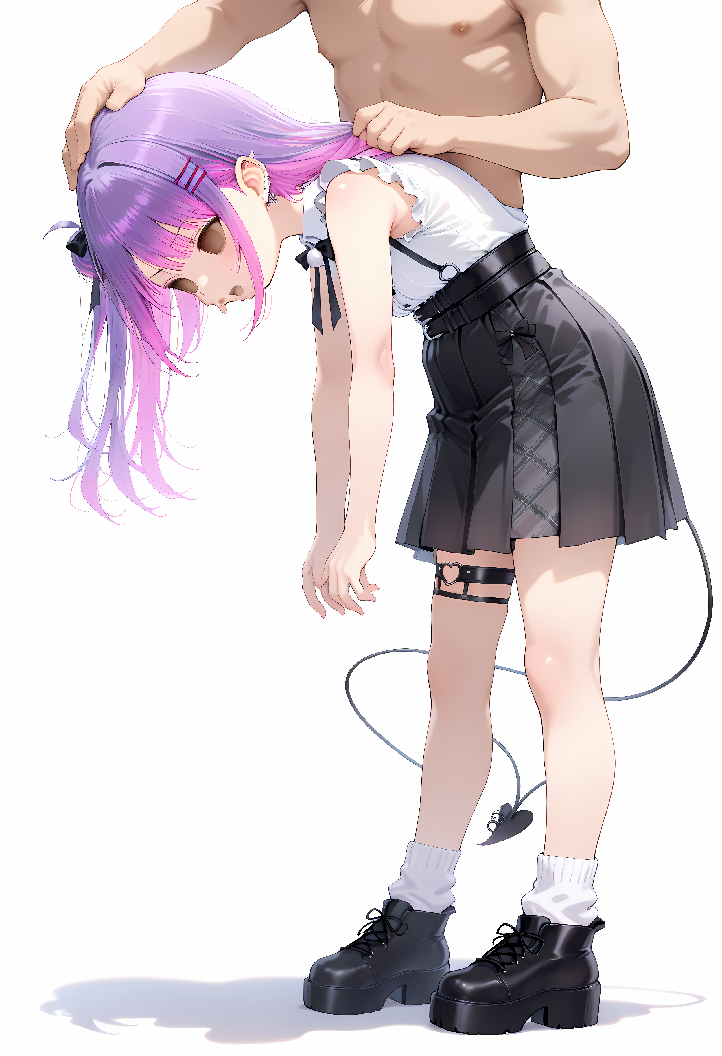 masterpiece,best quality,amazing quality,1girl,solo,(spread legs:0.5),standing,1girl,tokoyami towa \(jirai kei\) , white background, cheek pinching, (full body:1.1), 1boy in another's body, holding detached head, from side, standing, hole eyes
