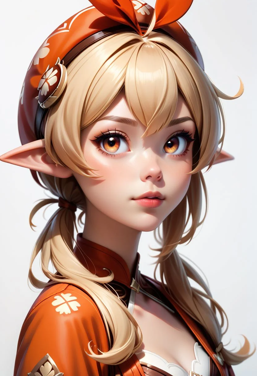 score_9, score_8_up, score_7_up, score_6_up, score_5_up, score_4_up score_9,score_8_up, digital art, upper body shot, realistic 3D illustration, soft lighting, contemplative expression, white background, subtle makeup, high-resolution, detailed texture, emotional depth, dramatic mood, front, serene atmosphere, cinematic lighting, eye contact, 1girl, solo, klee_\(genshin_impact\), bangs, orange_eyes, light_brown_hair, ahoge,low_twintails, hair_between_eyes, pointy_ears, ribbon, adorable