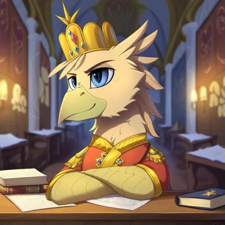 masterpiece, score_9_up, score_8_up, score_7_up, score_6_up, (best quality:1.1), ultra-detailed, high resolution, solo, mlp style, grover_vi, griffon, feral, avian, beak, male, eyebrows, blue eyes, feathers, feathery ear, claws, smile, kaiser crown, royal clothes BREAK detailed facial features, expressiveh, highly visible, sharp focus, anatomically correct, detailed background, medieval, black indoors, home, table, sitting, leaning on table, bookshelf, armchair, books, lamp on table, three quarter view, expressiveh, highly visible, sharp focus, anatomically correct