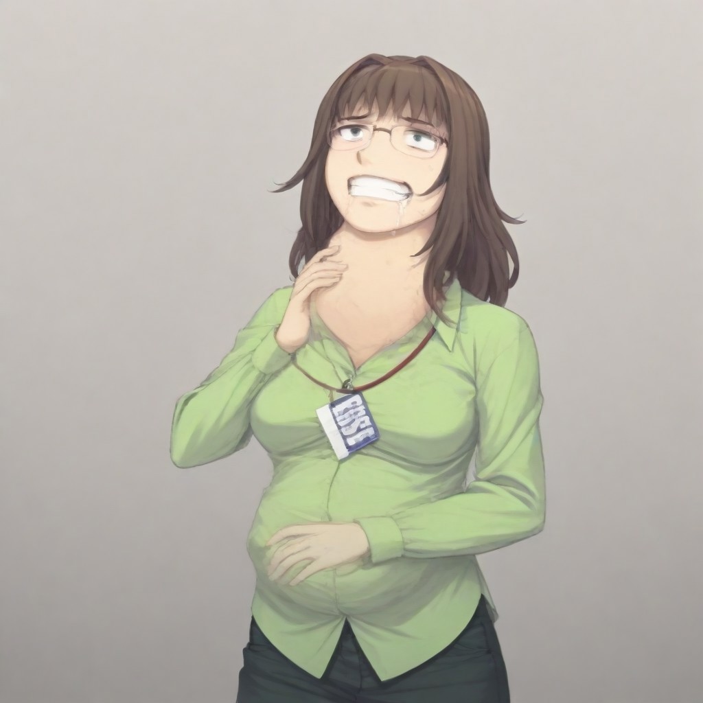 source_anime,  score_9, score_8 up, score_7 up BREAK
1girl,solo,brown hair,glasses,green eyes,id card,shirt,green shirt,breasts,skirt,lanyard
swallowing_whole, throat bulge, vore, vore, throat bulge, neck bulge, tight throat bulge, face imprint on throat, eyes imprints on throat, nose imprint on throat, scared face imprint on throat, mouth imprint on throat