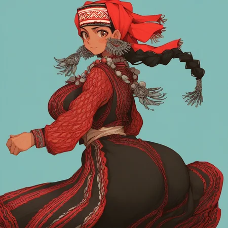 Source_anime, ((score_9)),score_8_up,score_7_up,score_6_up,score_5_up,score_4_up, solo, (4M1RH4LG4LV1:1.2), 4M1RH4LG4LV1, 1girl, black hair, braid, single braid, brown eyes, dress, bead necklace, beads, coin (ornament), headscarf, jewelry, traditional clothes, adult female, tan, huge breasts, big ass, curvy, skinny, thick thighs, tall, fit, blushing, blue background background, red theme