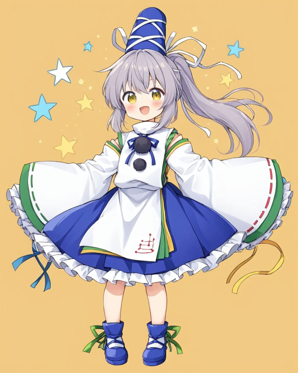 mononobe no futo,1girl, solo, wide_sleeves, yellow_background, open_mouth, blue_skirt, blue_headwear, tate_eboshi, simple_background, long_sleeves, pom_pom_\(clothes\), looking_at_viewer, :d, ponytail, blue_footwear, green_ribbon, white_ribbon, kariginu, blush, frilled_skirt, yellow_ribbon, hat_ribbon, neck_ribbon, petticoat
<lora:mononobe_no_futo_image4909_2023-12-20-000007:1>,star-shaped_pupils,symbol-shaped_pupils,. gorgeous,key visual, vibrant, studio anime,award-winning, professional, highly detailed,high budget, cinemascope