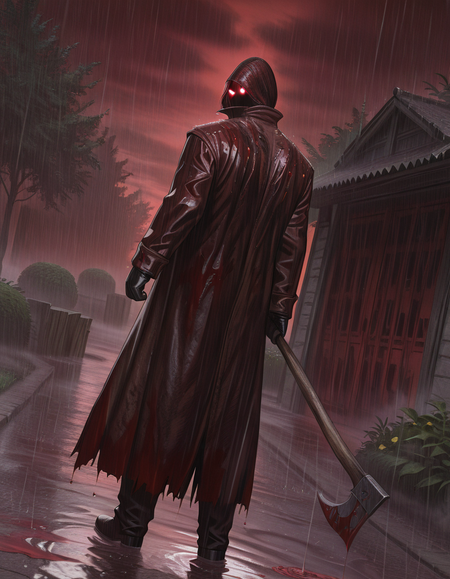 Masterpiece, realistic, hires, detailed face and eyes, ultra quality, Beautiful background, garden, sharp quality, 1boy, dp_killer, solo, {{very glowing eyes}}, holding,  holding huge wood axe, coat, rain, <lora:Deadly_Premonition_raincoat_killer:1> blood on coat,  gesture hand,  gesture no, glowing, disappointing , glove, Dutch angle, full body, death body around, red sky, fog, back view