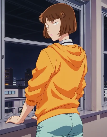 1girl,solo,masterpiece,best quality,anime screenshot, 1990s \(style\),
<lora:kira_hasue_conan_v1_IL:0.9>,kira hasue,short hair,brown hair,blunt bangs,bob cut,purple lips,ring,black eyes,tsurime,(sanpaku:1.5),orange hooded jacket,long sleeves,aqua shorts,
<lora:dmd2_sdxl_4step:1>,cowboy shot,looking at viewer, closed mouth, looking back, from behind, window, home,indoors, :<,night, windowsill,building
