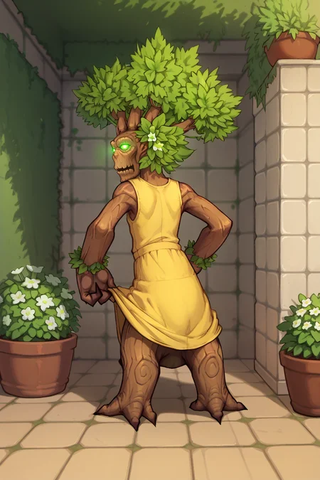 score_9, score_8_up, score_7_up, BREAK solo, <lora:NSTreantWoW:1> NSTreantWoW, brown skin, green eyes, glowing eyes, green hair, short hair, monster, yellow sundress, from behind, looking back, garden, spring, sunny