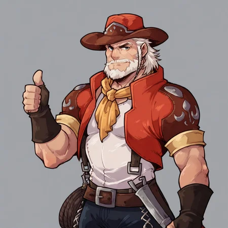 Zpdxl3, score_7_up, score_8_up, (cowboy shot), solo male, 
BREAK,
Caravaneer, old male, cowboy hat, western clothing, facial hair, (thumbs up), simple background,