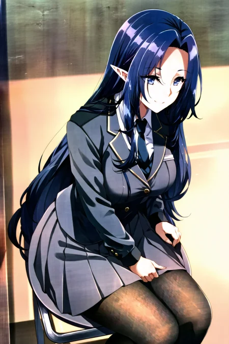 solo, 1girl, elf, very long hair, dark blue hair, dark blue eyes, pointy ears, large breasts, alternate costume, school uniform, black jacket, white collared dress shirt, (black necktie), (grey pleated skirt), black pantyhose, smile, looking away, sitting, school chair school desk, classroom, school, indoors, from above, <lora:negative-e12-15:-1.5>
