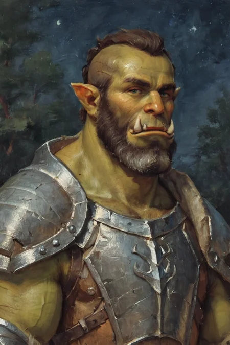 score_9, score_8_up, score_7_up, painting (medium), traditional media, realistic, solo, male focus, mature male, orc, green skin, tusks, beard, outdoors, armor, looking at viewer, shoulder armor, breastplate, upper body, closed mouth, pauldrons, night, night sky, standing <lora:Oil Painting Style XL:0.5> <lora:Gothic Art Style SDXL_LoRA_Pony Diffusion V6 XL:0.5>