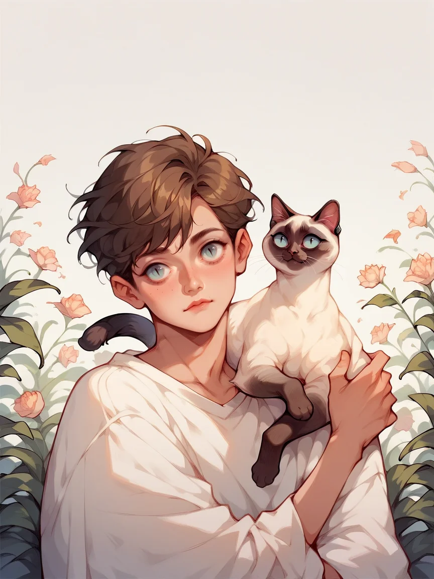 score_9, score_8_up, score_7_up, score_6_up, score_5_up, <lora:c4tsXLP:0.9> c4ts, siamese cat, <lora:p3tl0v3XLP:1> p3tl0v3, 1boy, cat,