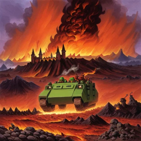 lizard people driving a green tank in a lava field, rhnoapc, military vehicle, ground vehicle, volcano, fire, magma, hot, steam, smoke, castle in background, 1980s fantasy art