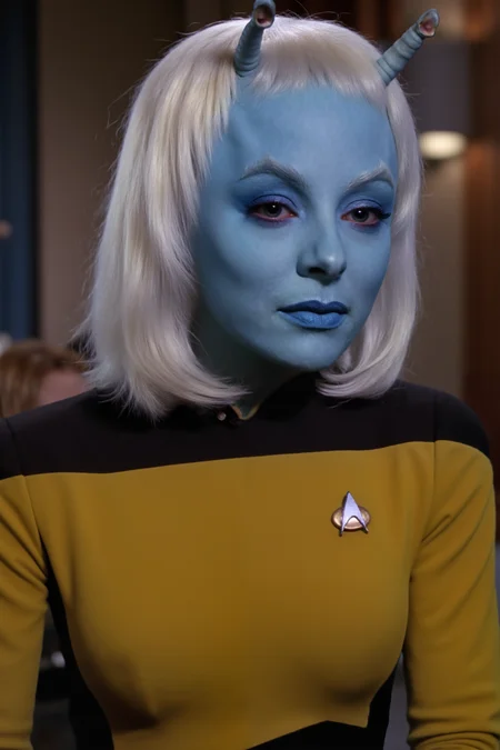 A high-quality fashion shoot photo featuring a striking Asian andorian woman with blue skin and antennae and a sleek (ponytail:1.3), confidently modeling a yellow TNG uniform. The woman's white hair contrasts beautifully with the uniform, while her sharp, elegant features exude both strength and grace. <lora:aidmaMJ6.1-FLUX-V0.1:0.6><lora:Movie_Portrait><lora:Flux DetailerV2><lora:andorian_FLUX><lora:TNG_FLUX:1.1>