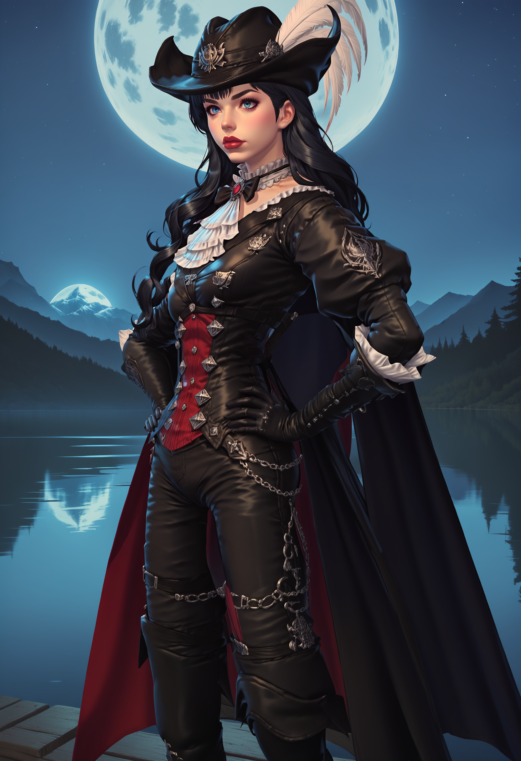 zPDXL,score_9, score_8_up, score_7_up, source_anime, 1girl, solo, cowboy shot, lake, night, starry sky, full moon, mountainous horizon,
<lora:Gaia_FFXIV:.75> gaia \(ff14\), blue eyes, lips, black hair, hands on hips,
 <lora:Duelists_Attire_FFXIV-Red_Mage_AF1:.75> rdmAf, duelist head, duelist body, duelist gloves, duelist pants, duelist cape, duelist boots, hat feather